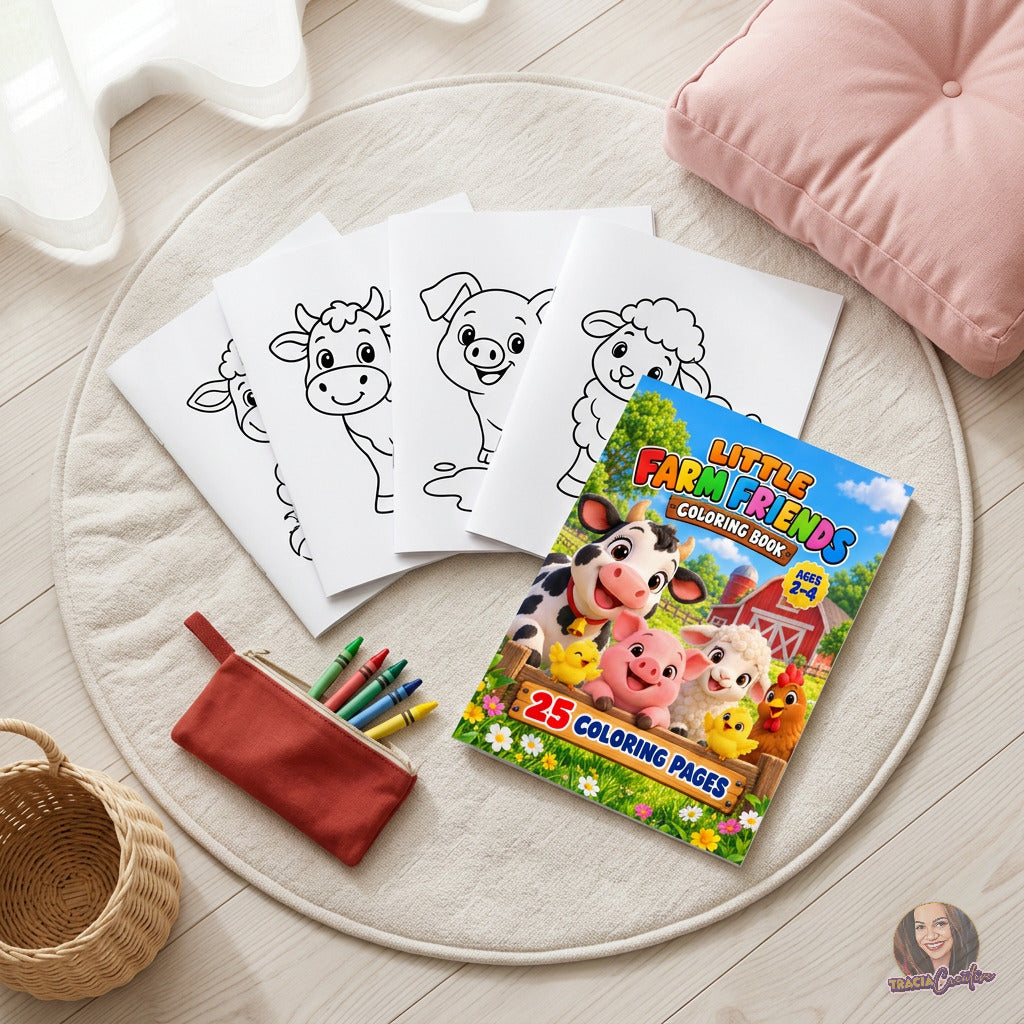 Farm coloring-book cover with cow, pig and sheep outline sheets on a round cream rug.