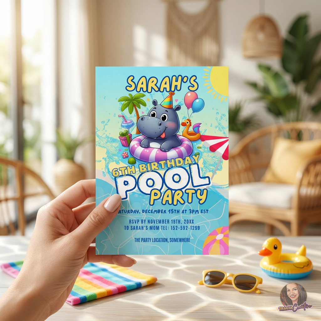 Kids’ Pool Party Birthday Invitation Template, Summer Swimming Party Invite, Editable Canva Template, Printable 5x7 Invitation