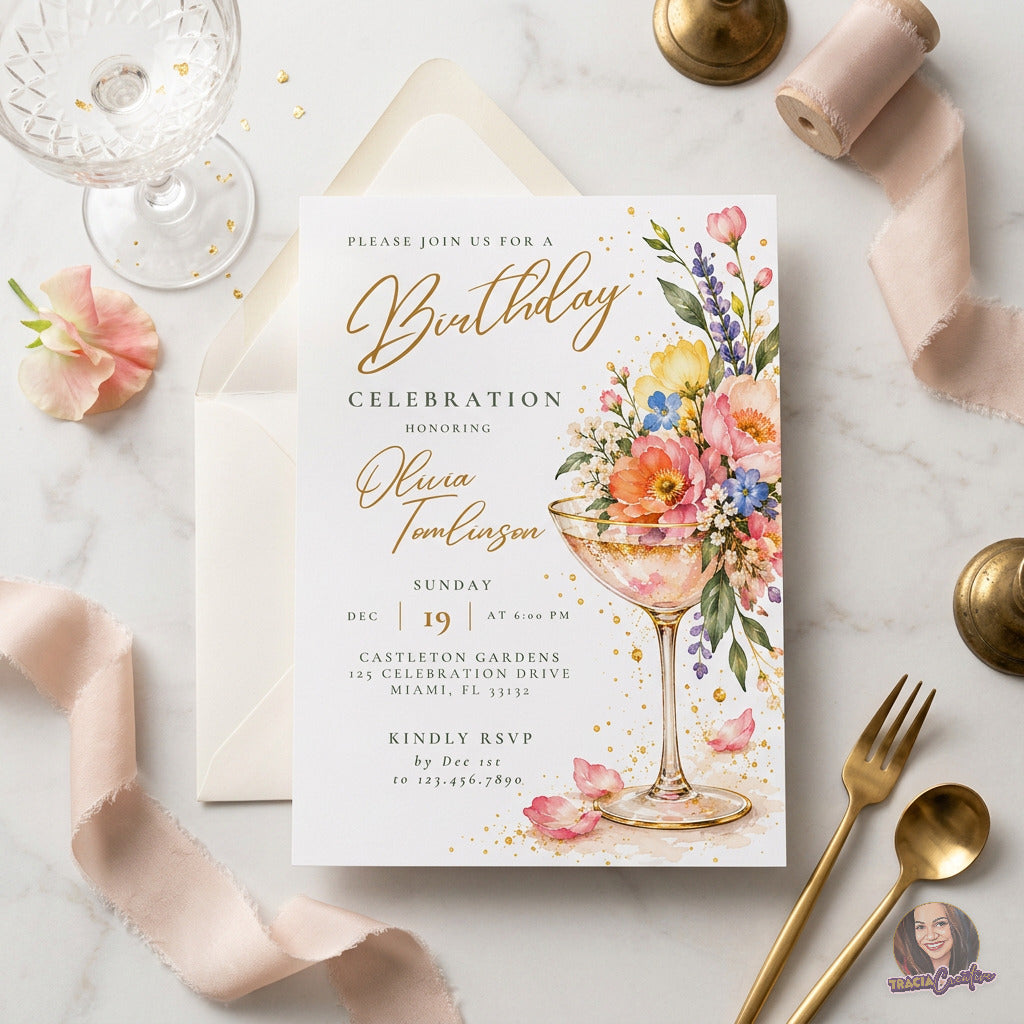 Floral Cocktail Birthday Invitation Template, Editable Canva Elegant Adult Birthday Invite, 5x7