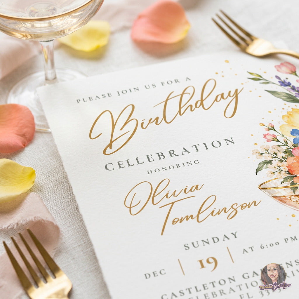Floral Cocktail Birthday Invitation Template, Editable Canva Elegant Adult Birthday Invite, 5x7