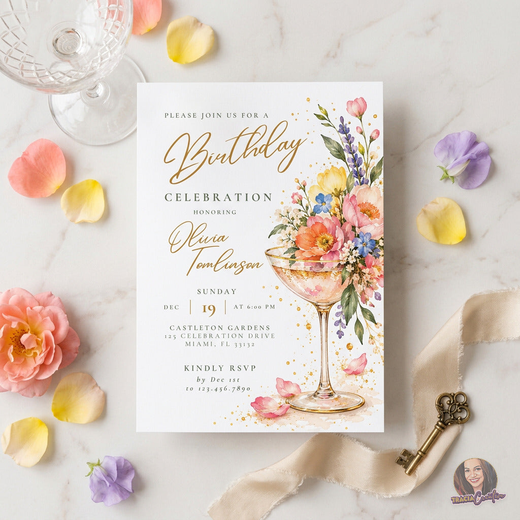 Floral Cocktail Birthday Invitation Template, Editable Canva Elegant Adult Birthday Invite, 5x7