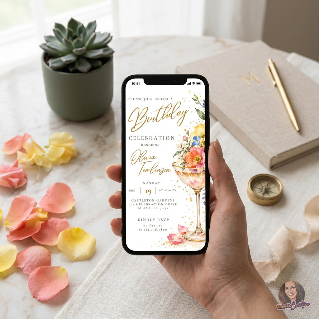 Floral Cocktail Birthday Invitation Template, Editable Canva Elegant Adult Birthday Invite, 5x7