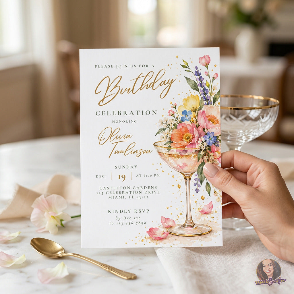 Floral Cocktail Birthday Invitation Template, Editable Canva Elegant Adult Birthday Invite, 5x7