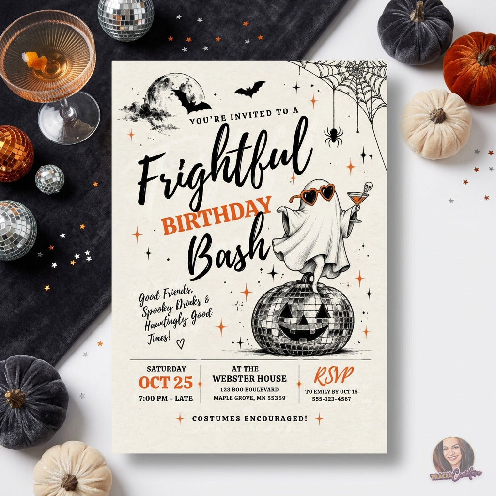 Frightful Birthday Bash Invitation Template, Halloween Ghost Disco Party Invite, Editable Canva Adult Halloween Birthday Invitation, Printable 5x7