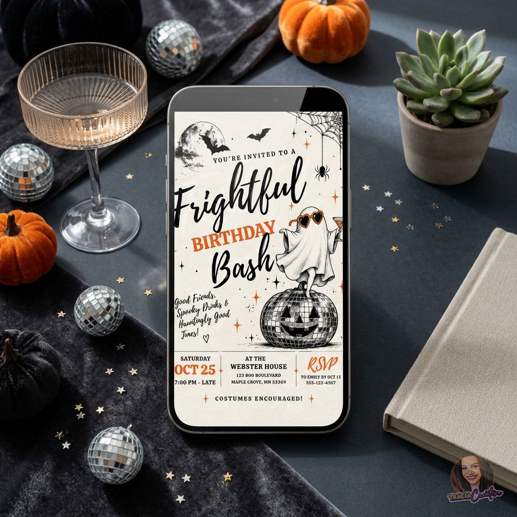 Frightful Birthday Bash Invitation Template, Halloween Ghost Disco Party Invite, Editable Canva Adult Halloween Birthday Invitation, Printable 5x7
