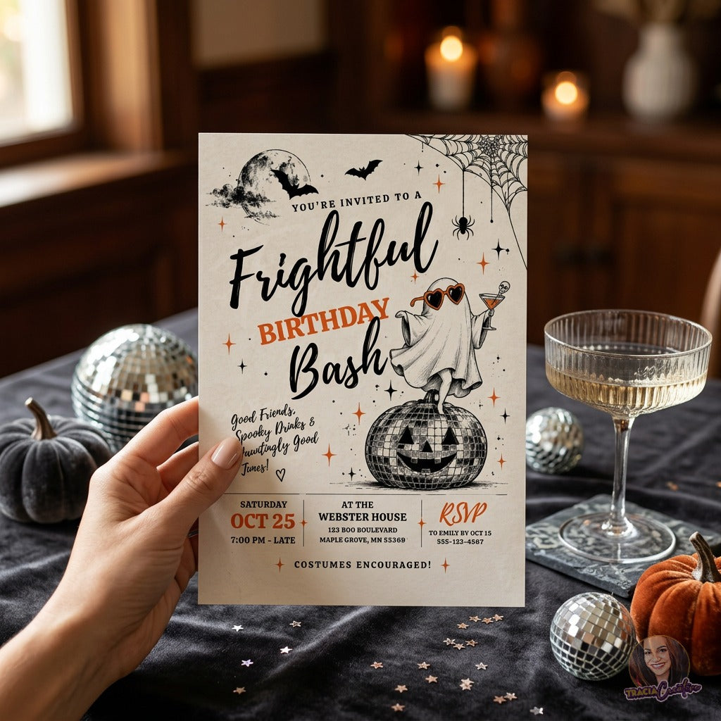 Frightful Birthday Bash Invitation Template, Halloween Ghost Disco Party Invite, Editable Canva Adult Halloween Birthday Invitation, Printable 5x7