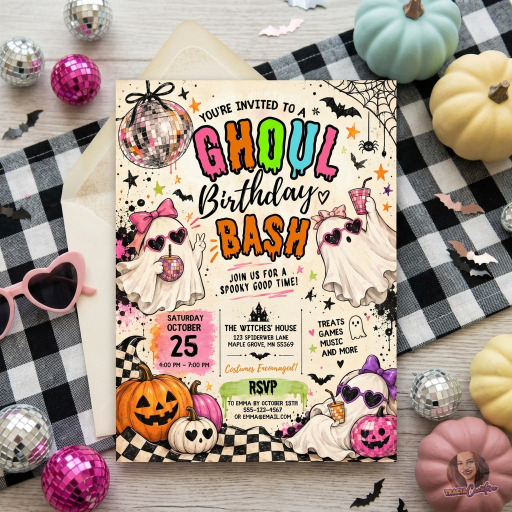Ghoul Birthday Bash Invitation Template, Editable Canva Halloween Birthday Party Invite, Cute Ghost Disco Party Invitation, Printable 5x7