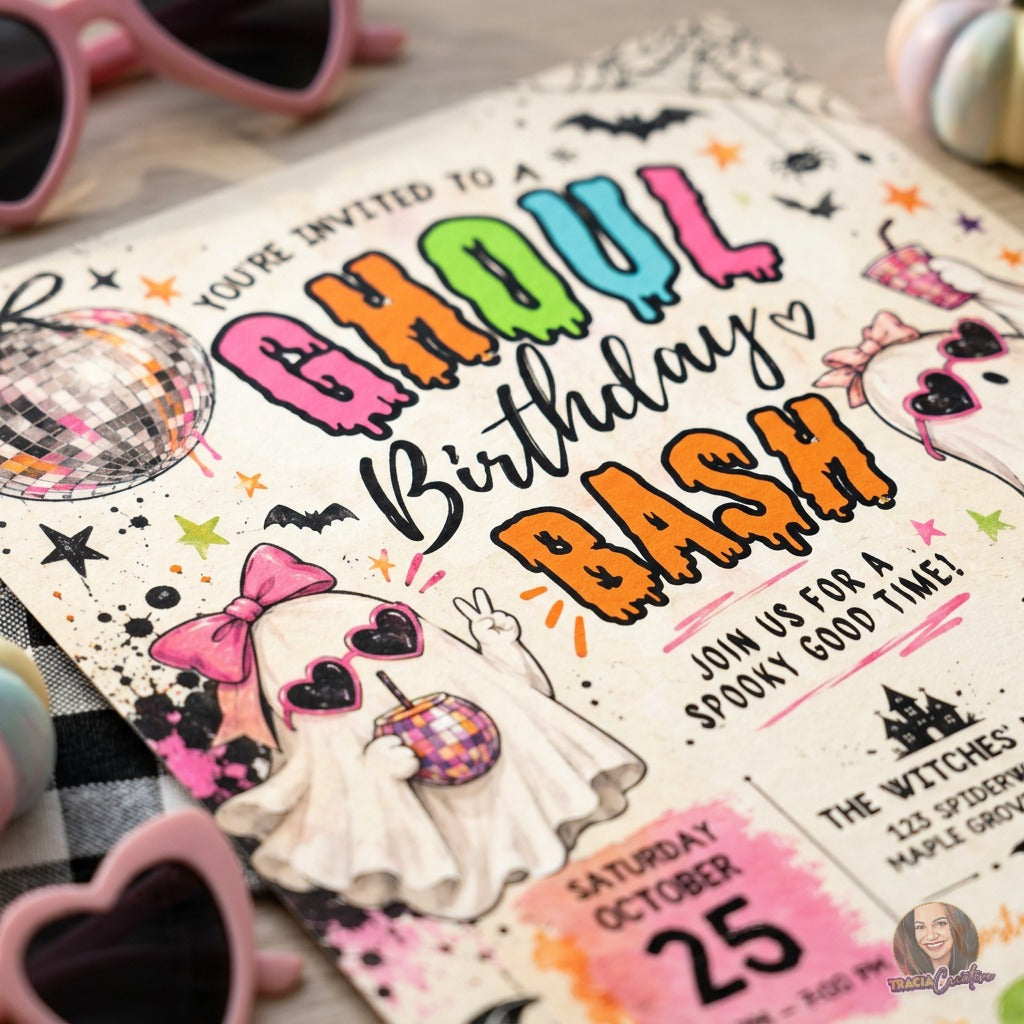 Ghoul Birthday Bash Invitation Template, Editable Canva Halloween Birthday Party Invite, Cute Ghost Disco Party Invitation, Printable 5x7