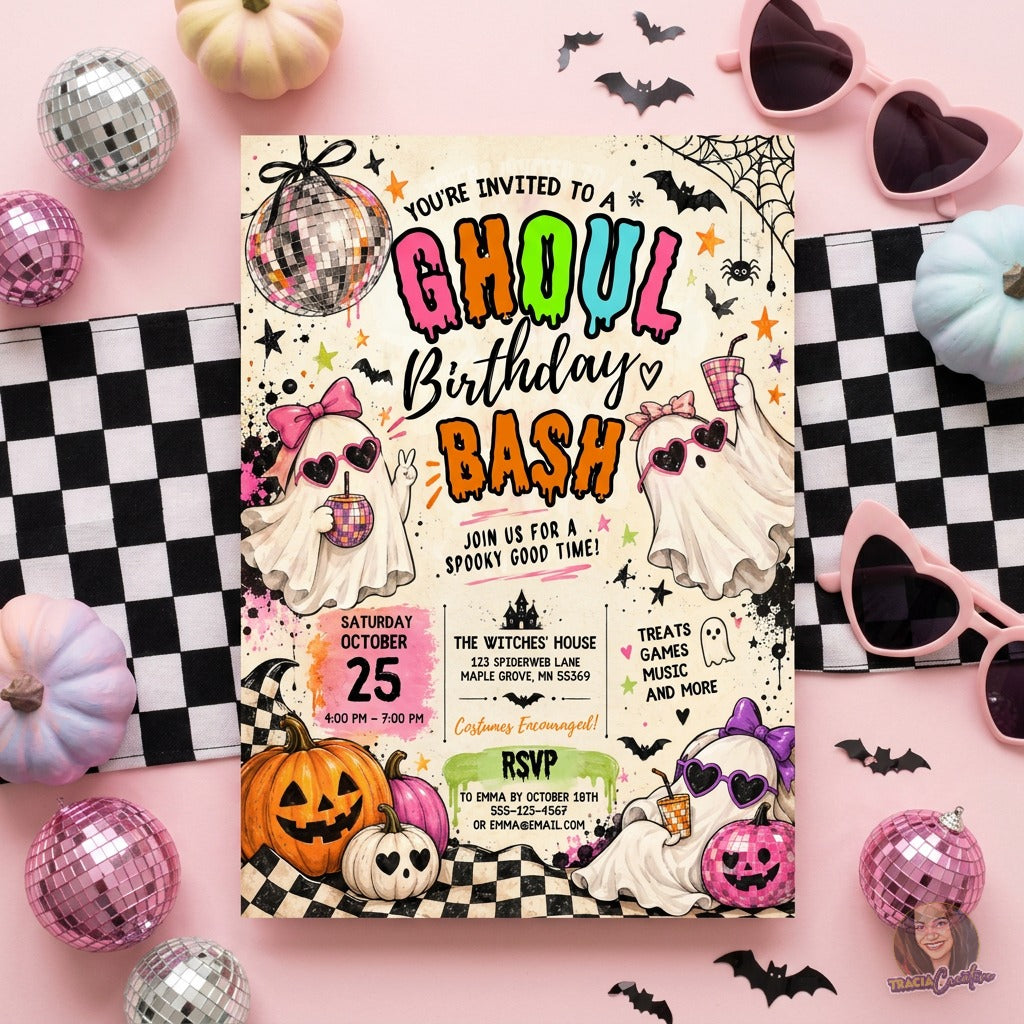 Ghoul Birthday Bash Invitation Template, Editable Canva Halloween Birthday Party Invite, Cute Ghost Disco Party Invitation, Printable 5x7
