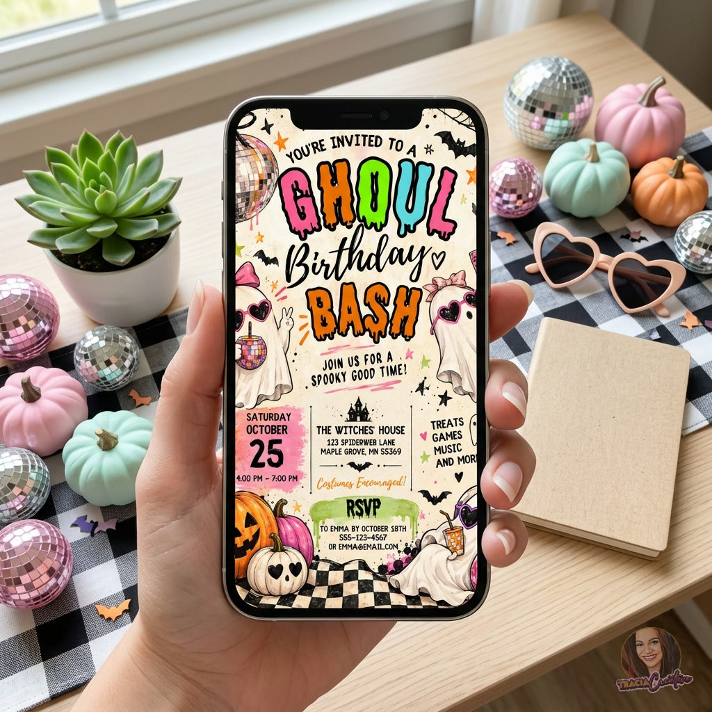 Ghoul Birthday Bash Invitation Template, Editable Canva Halloween Birthday Party Invite, Cute Ghost Disco Party Invitation, Printable 5x7