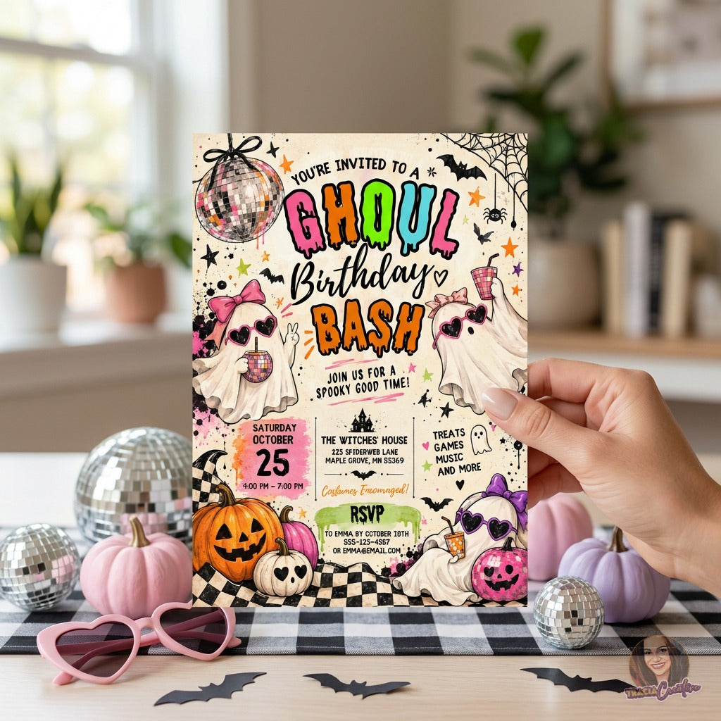 Ghoul Birthday Bash Invitation Template, Editable Canva Halloween Birthday Party Invite, Cute Ghost Disco Party Invitation, Printable 5x7