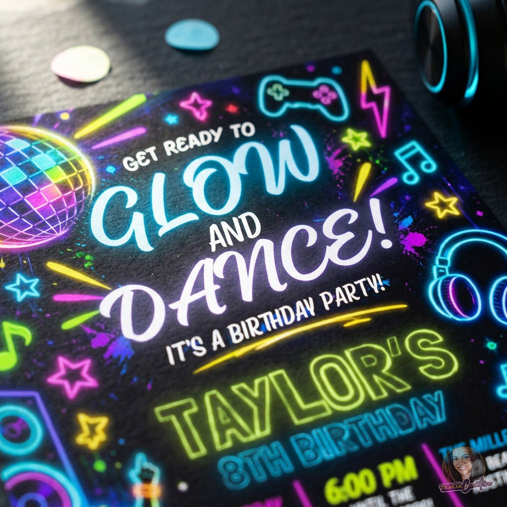 Close-up of the Glow and Dance invitation showing neon lettering, disco details and colorful stars.