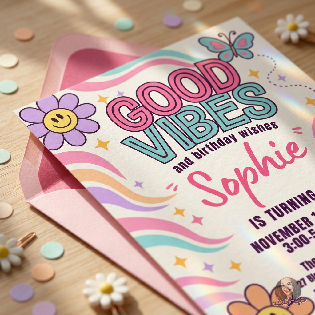 Good Vibes birthday invitation with smiling flowers, a butterfly and pastel rainbow waves, close-up of Good Vibes lettering.