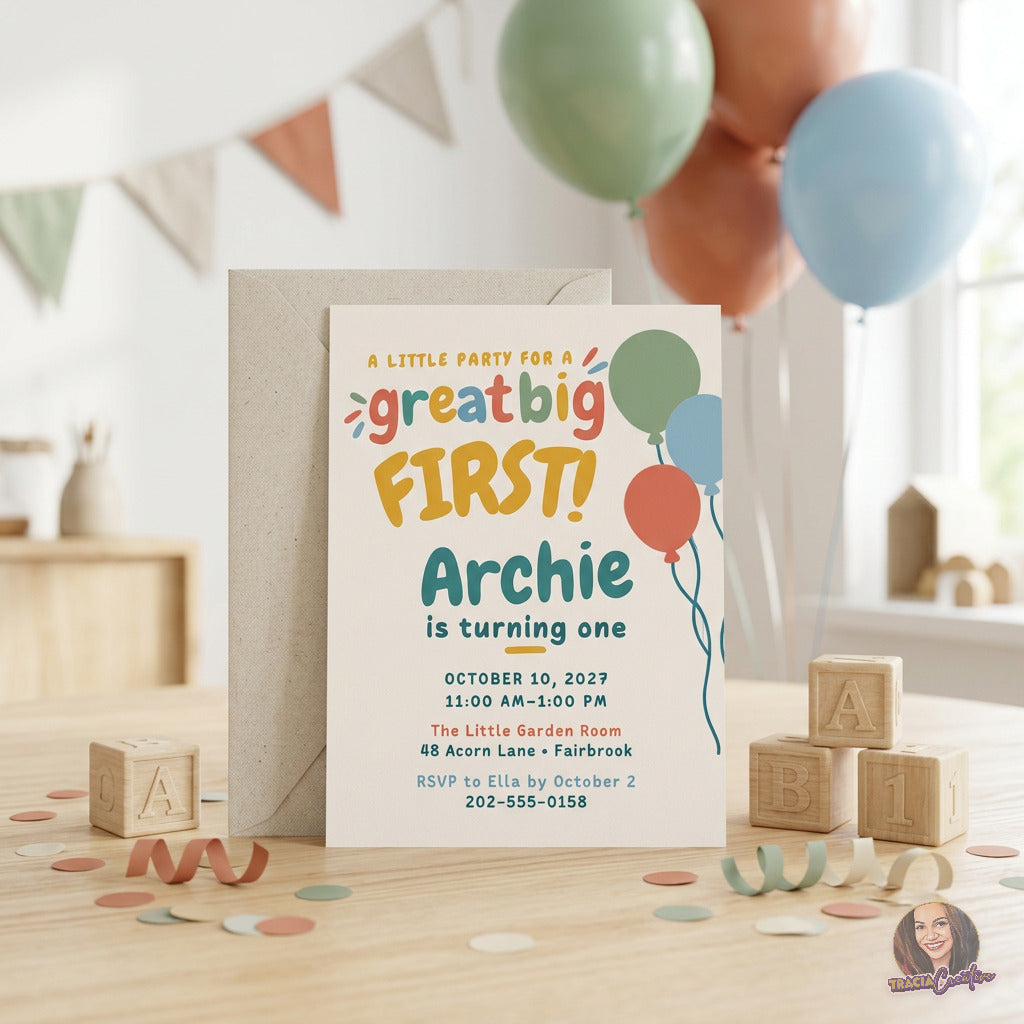 Colorful balloon first birthday invitation with playful Great Big First lettering, standing beneath bunting and balloons.