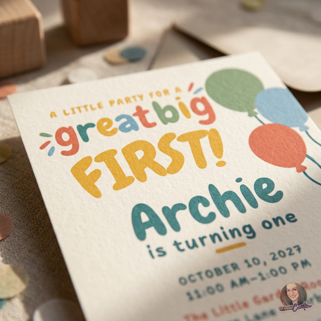 Colorful balloon first birthday invitation with playful Great Big First lettering, close-up of lettering and balloon artwork.