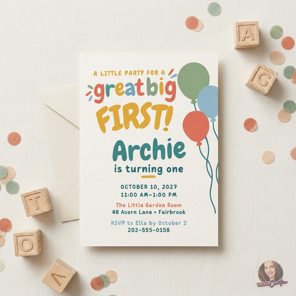 Colorful balloon first birthday invitation with playful Great Big First lettering, laid flat among confetti and toy blocks.