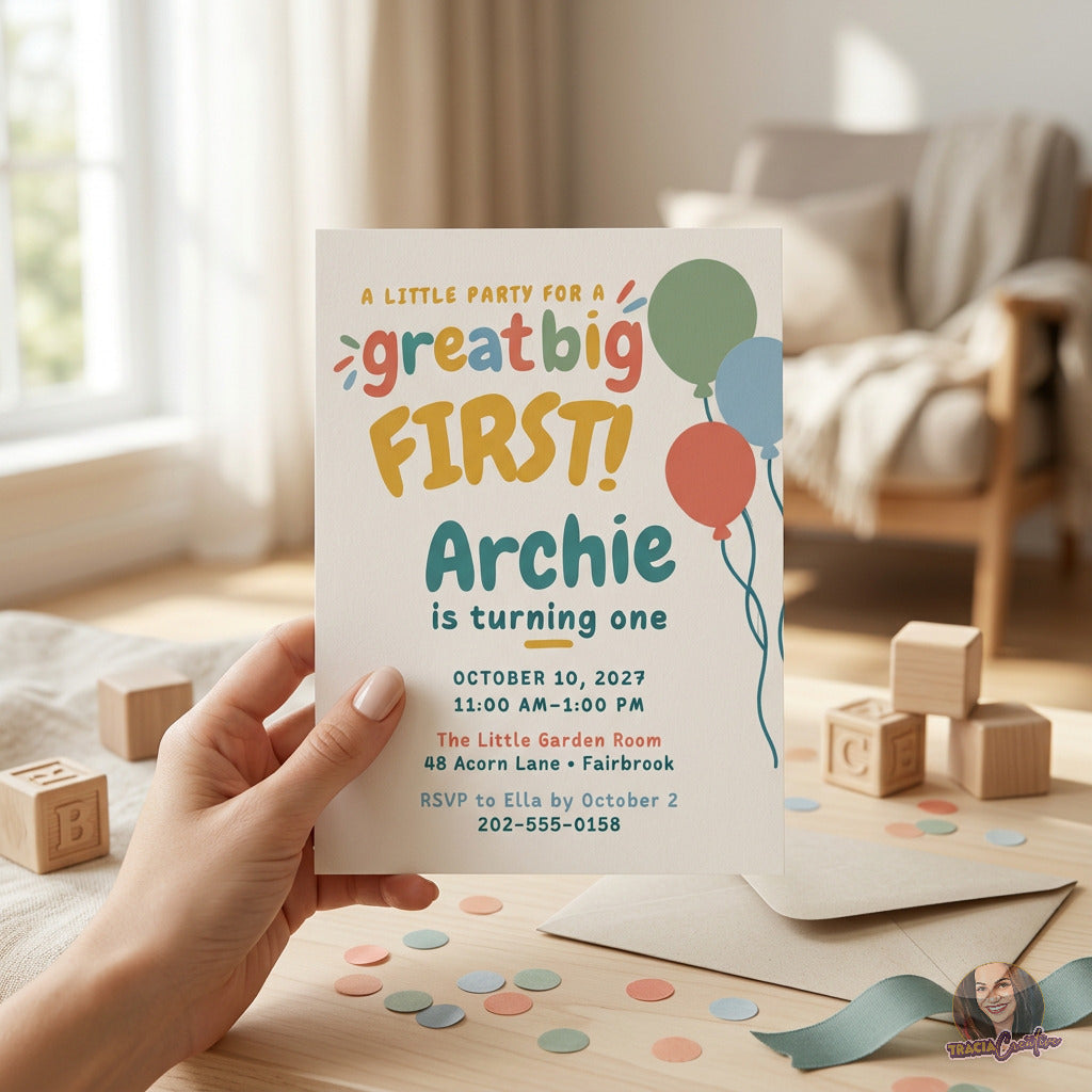 Colorful balloon first birthday invitation with playful Great Big First lettering, held in a hand.