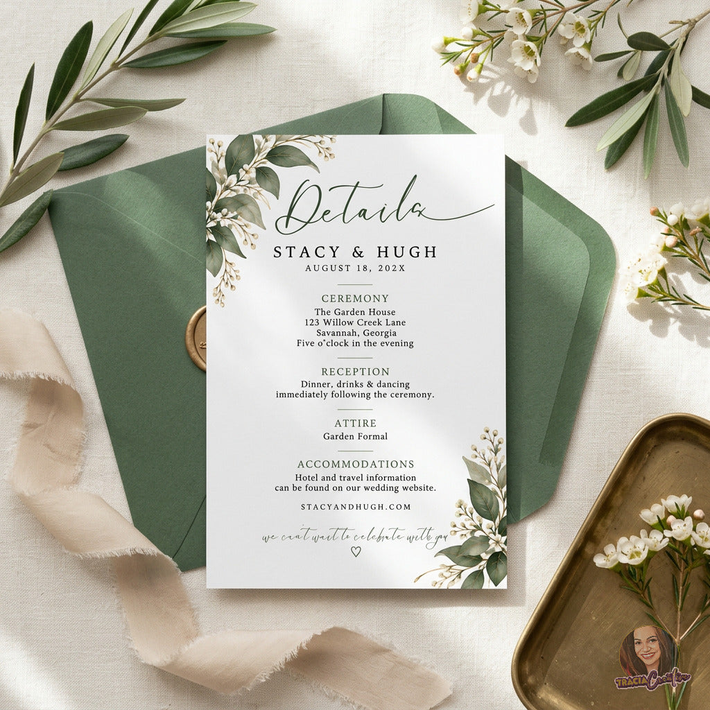 Greenery Wedding Details Card Template, Eucalyptus Editable Canva Insert, 4x6