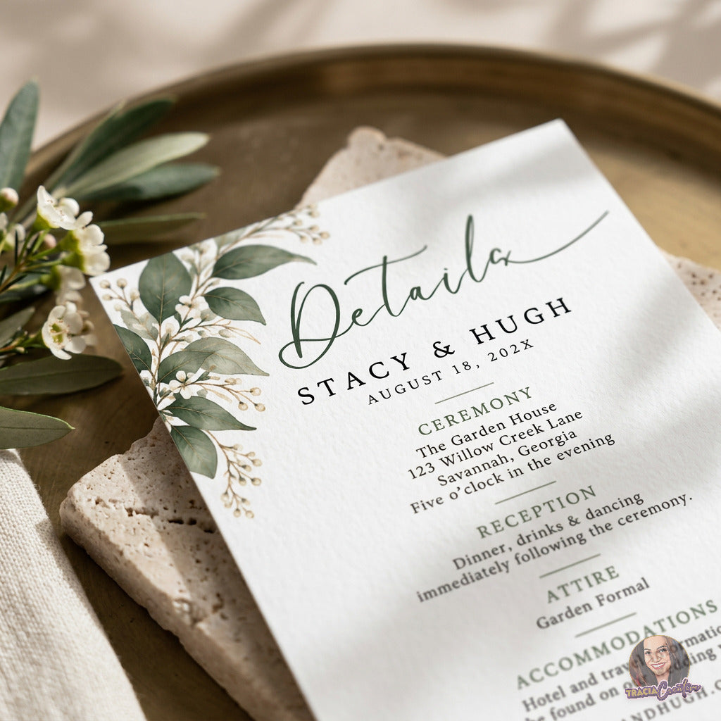 Greenery Wedding Details Card Template, Eucalyptus Editable Canva Insert, 4x6