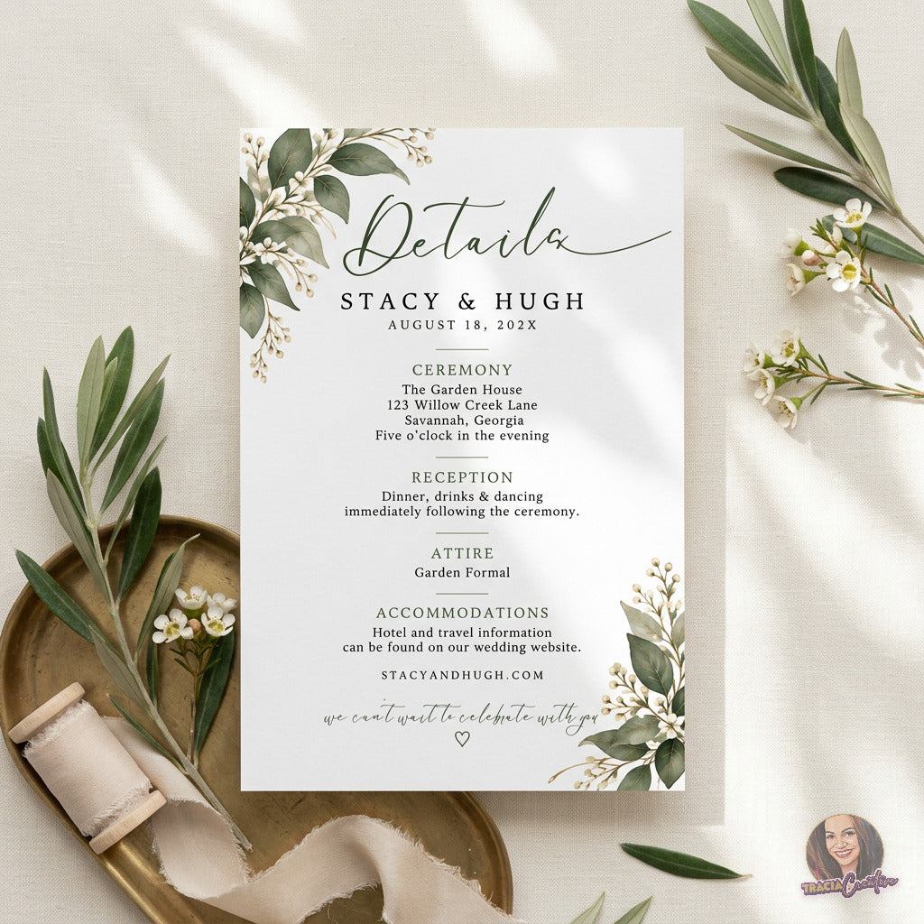 Greenery Wedding Details Card Template, Eucalyptus Editable Canva Insert, 4x6