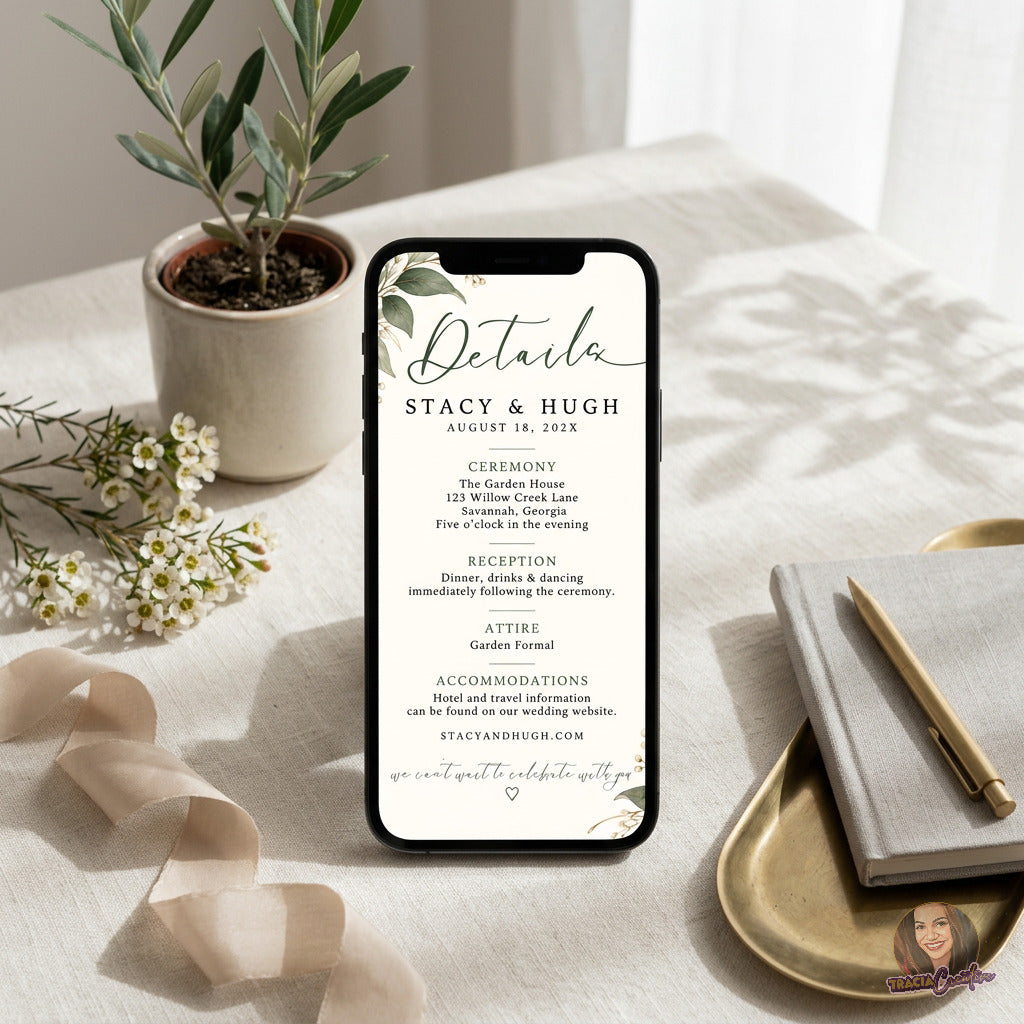 Greenery Wedding Details Card Template, Eucalyptus Editable Canva Insert, 4x6