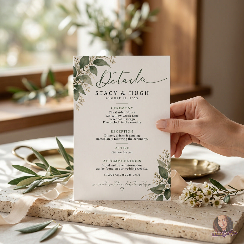 Greenery Wedding Details Card Template, Eucalyptus Editable Canva Insert, 4x6