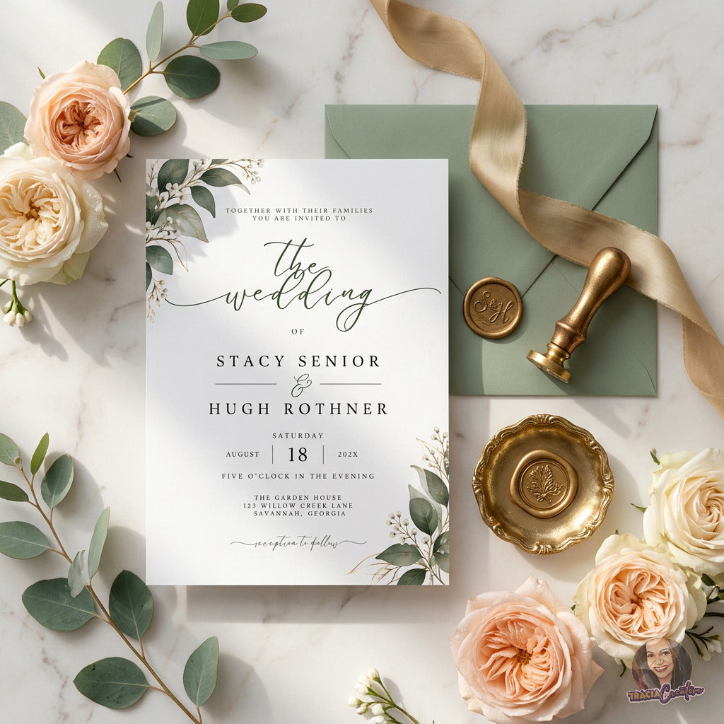Greenery Wedding Invitation Template, Eucalyptus Editable Canva Wedding Invite, 5x7