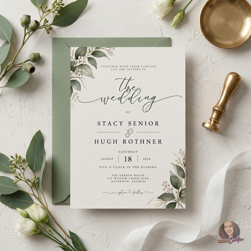 Greenery Wedding Invitation Template, Eucalyptus Editable Canva Wedding Invite, 5x7