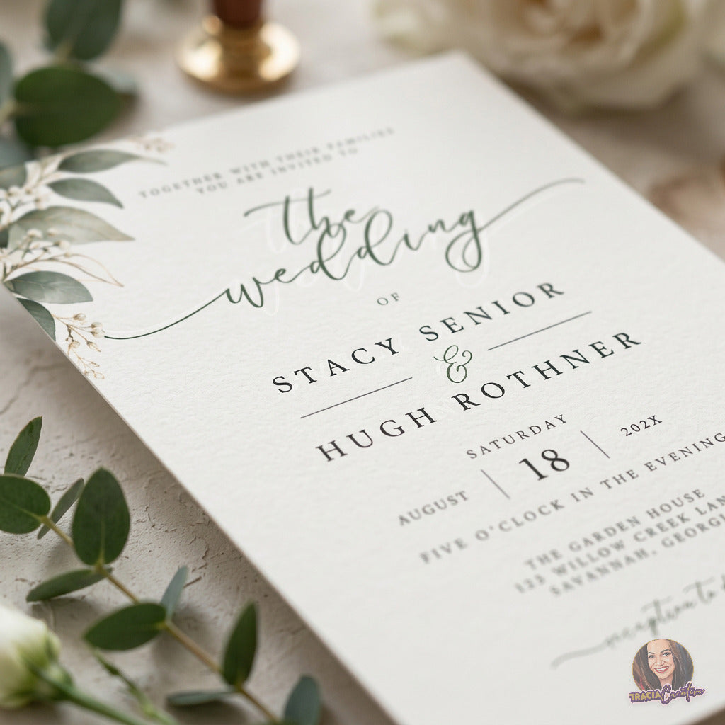 Greenery Wedding Invitation Template, Eucalyptus Editable Canva Wedding Invite, 5x7