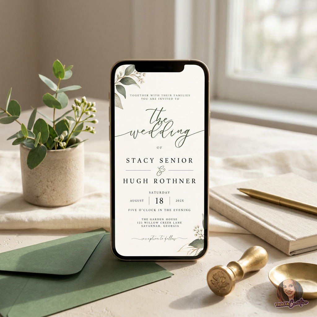 Greenery Wedding Invitation Template, Eucalyptus Editable Canva Wedding Invite, 5x7