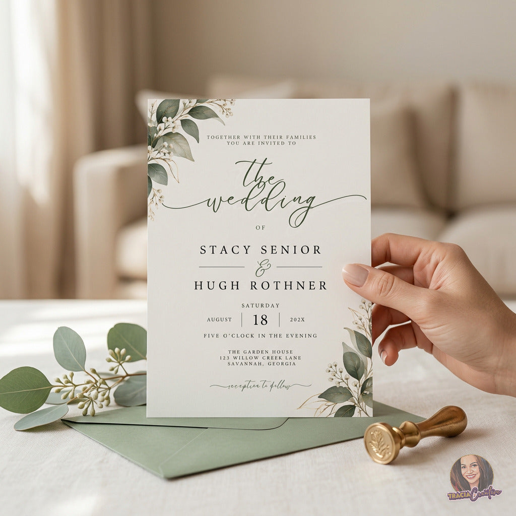 Greenery Wedding Invitation Template, Eucalyptus Editable Canva Wedding Invite, 5x7