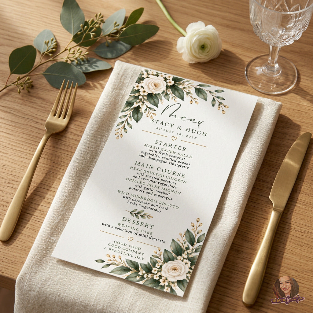Greenery Wedding Menu Template, Eucalyptus Editable Canva Dinner Menu