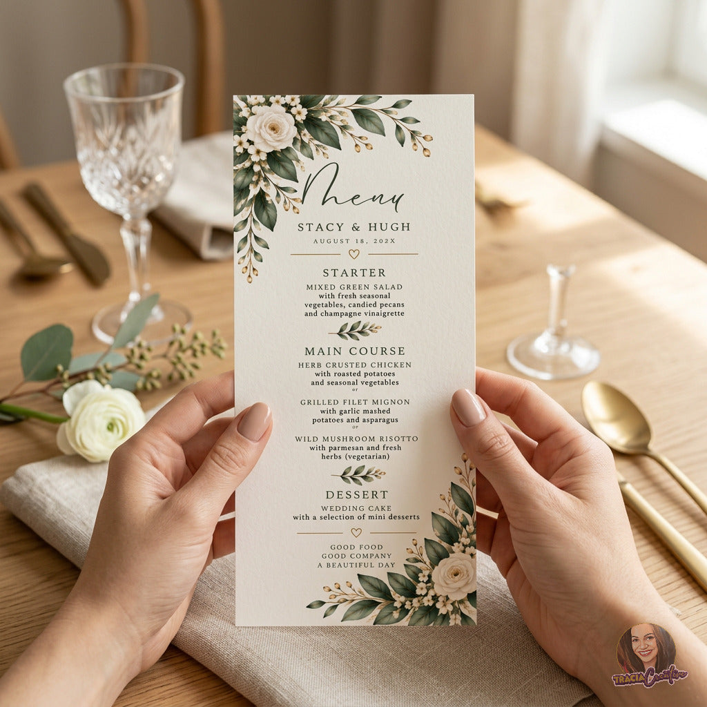 Greenery Wedding Menu Template, Eucalyptus Editable Canva Dinner Menu
