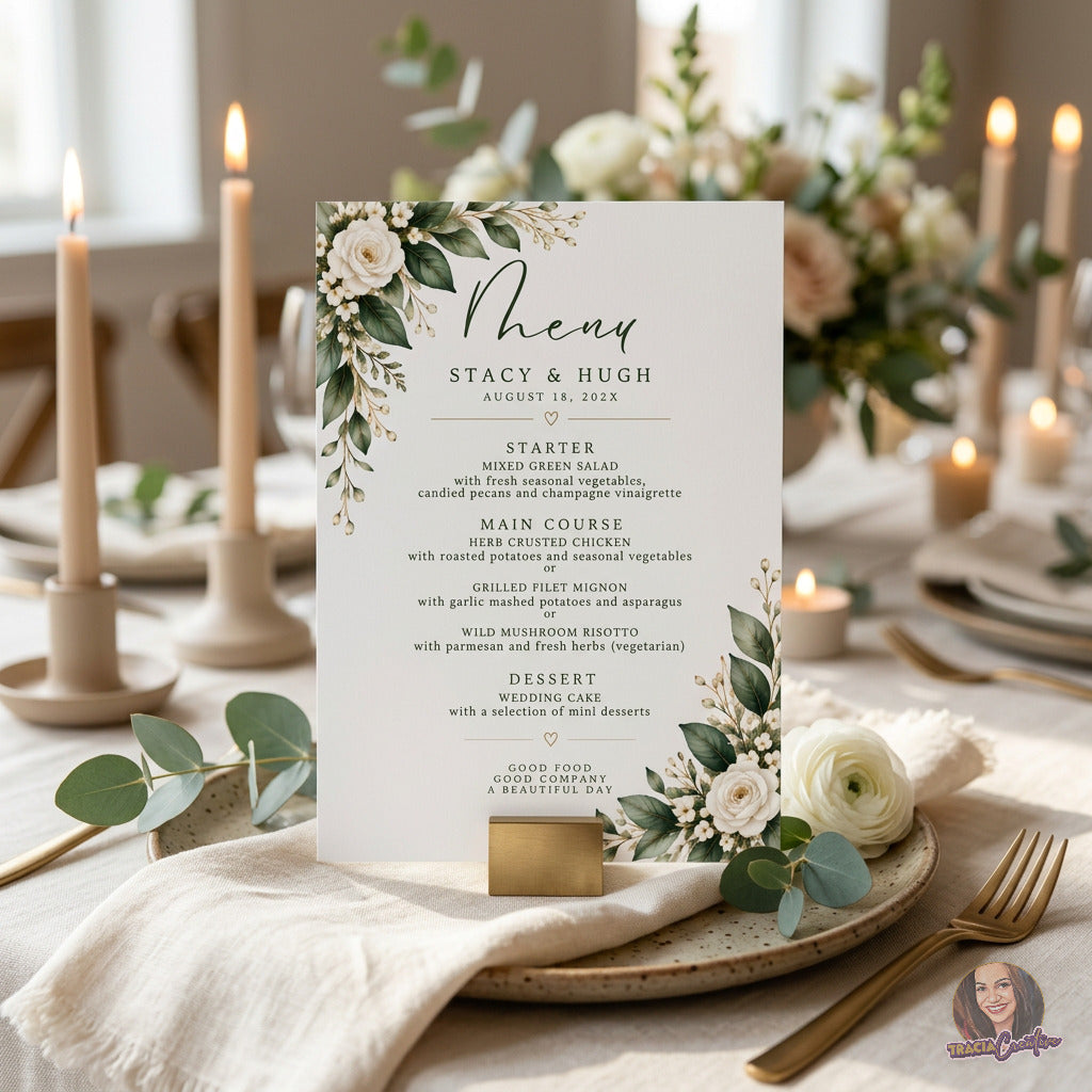 Greenery Wedding Menu Template, Eucalyptus Editable Canva Dinner Menu