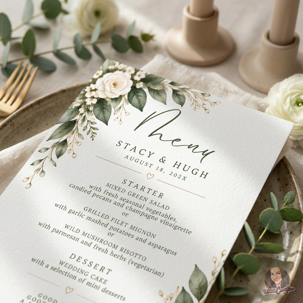 Greenery Wedding Menu Template, Eucalyptus Editable Canva Dinner Menu