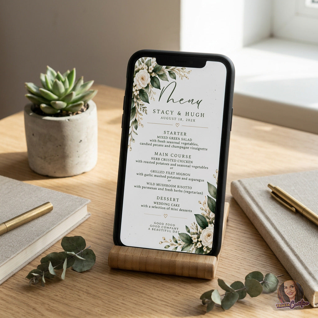 Greenery Wedding Menu Template, Eucalyptus Editable Canva Dinner Menu