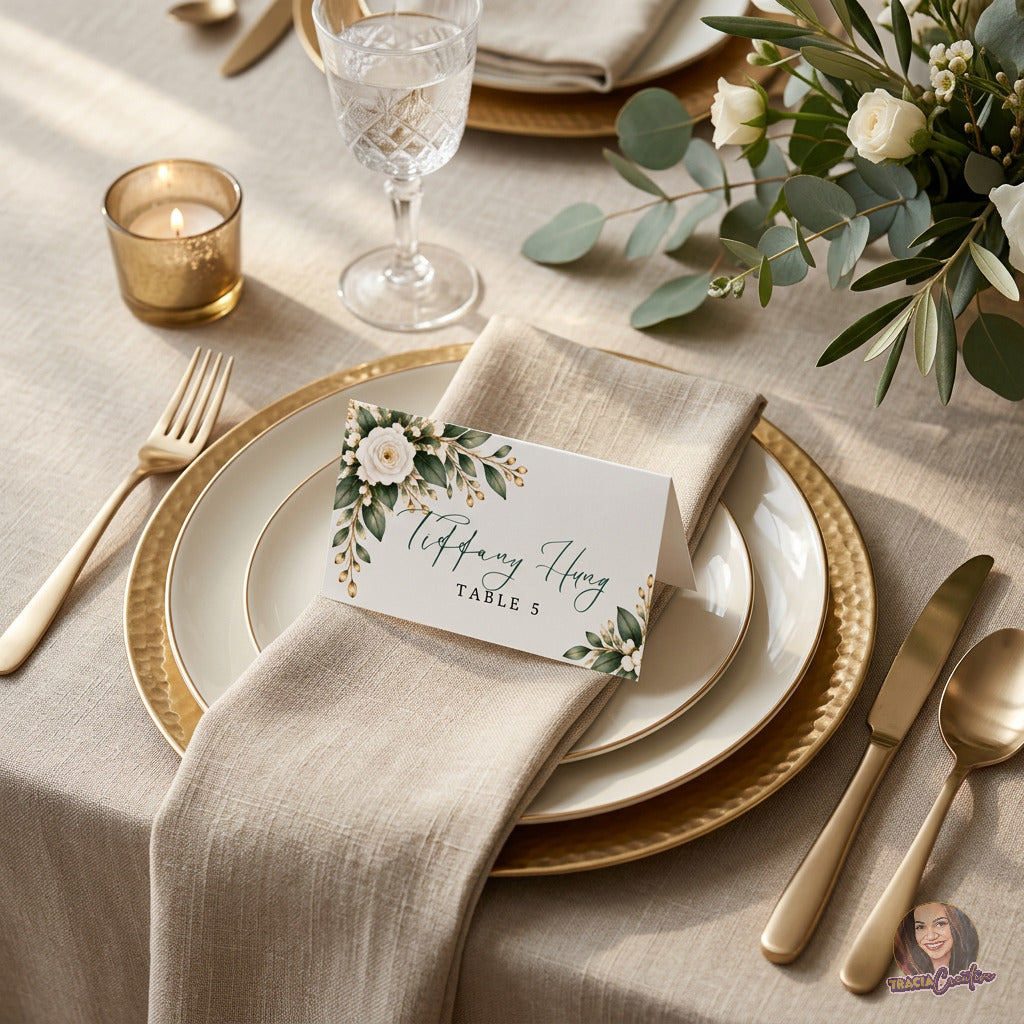 Greenery Wedding Place Card Template, Eucalyptus Editable Canva Tent Card, 3.5x2