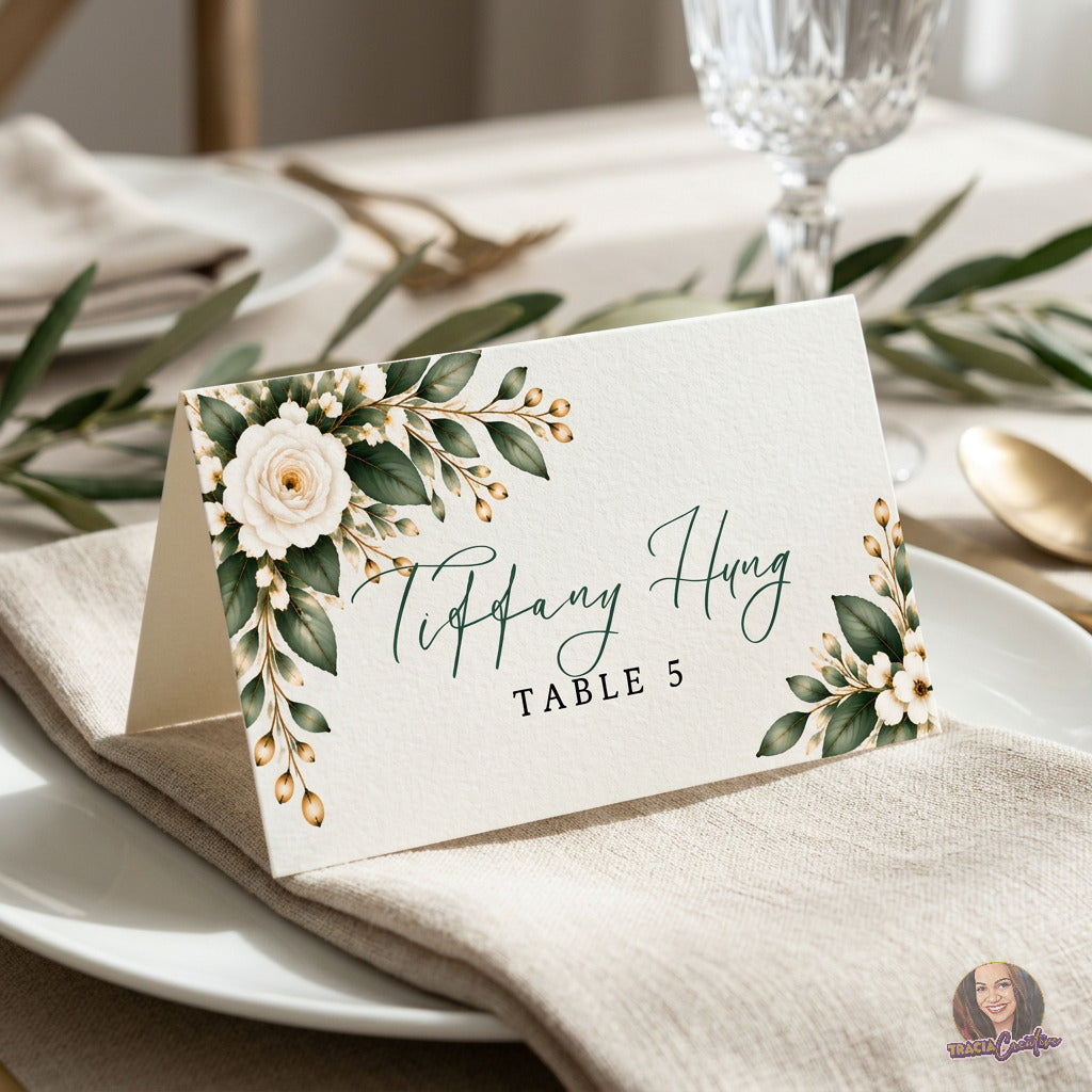 Greenery Wedding Place Card Template, Eucalyptus Editable Canva Tent Card, 3.5x2