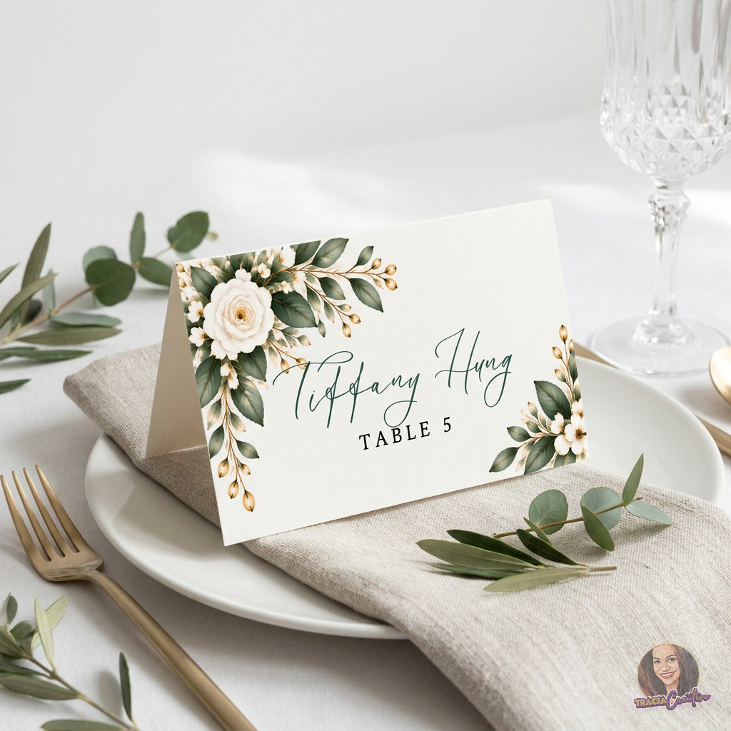 Greenery Wedding Place Card Template, Eucalyptus Editable Canva Tent Card, 3.5x2