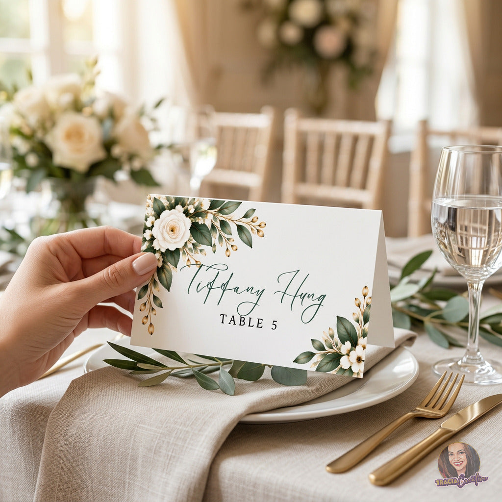 Greenery Wedding Place Card Template, Eucalyptus Editable Canva Tent Card, 3.5x2