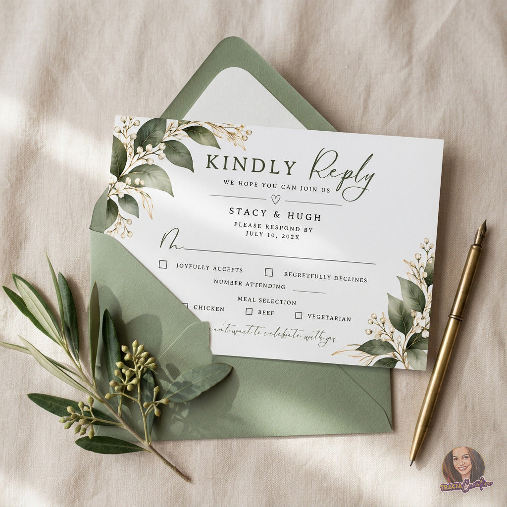 Greenery Wedding RSVP Card Template, Eucalyptus Editable Canva Response Card, 5x3.5