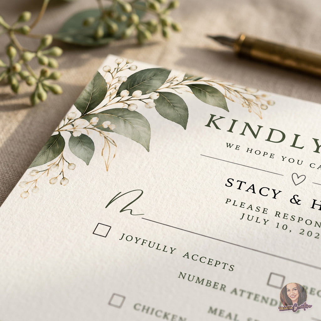 Greenery Wedding RSVP Card Template, Eucalyptus Editable Canva Response Card, 5x3.5