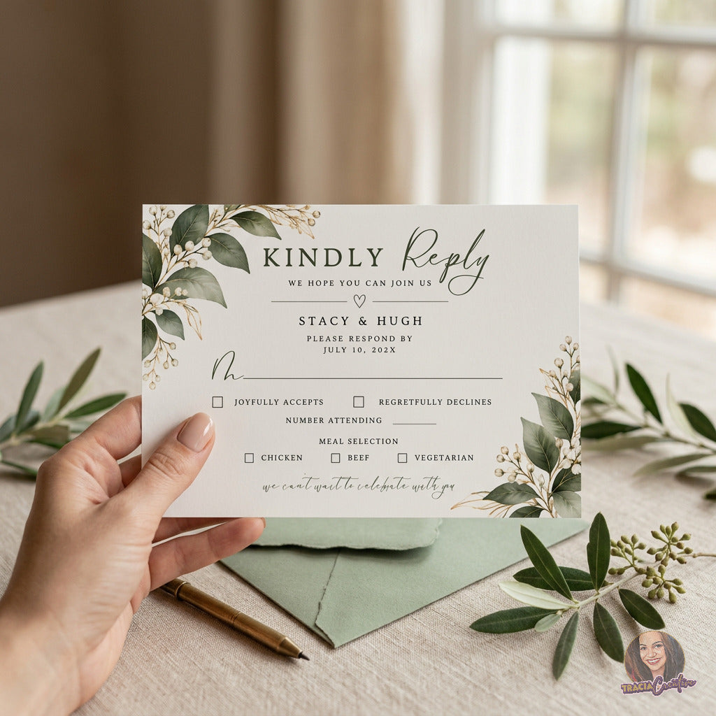 Greenery Wedding RSVP Card Template, Eucalyptus Editable Canva Response Card, 5x3.5