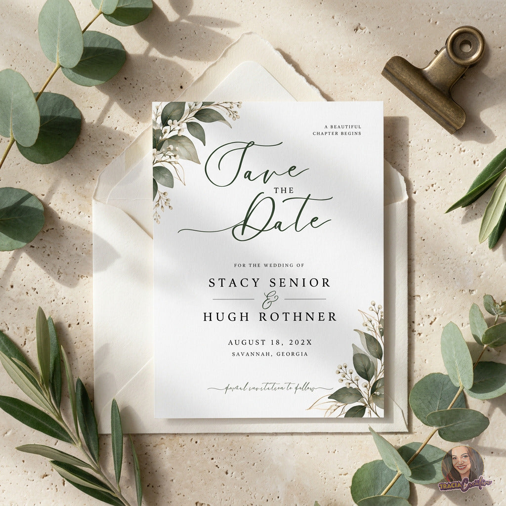 Greenery Save the Date Template, Eucalyptus Editable Canva Wedding Announcement, 5x7