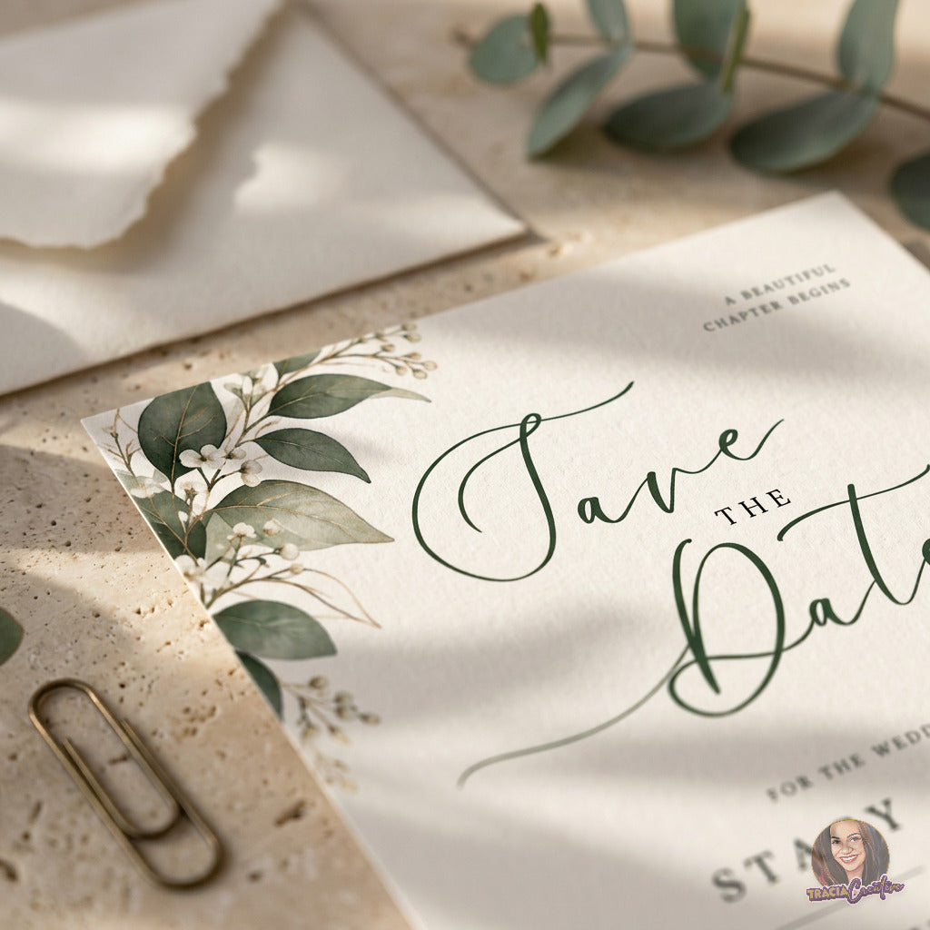 Greenery Save the Date Template, Eucalyptus Editable Canva Wedding Announcement, 5x7