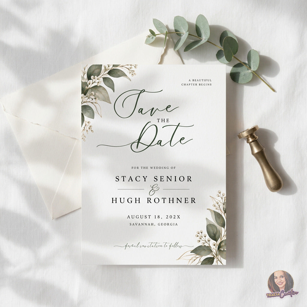Greenery Save the Date Template, Eucalyptus Editable Canva Wedding Announcement, 5x7