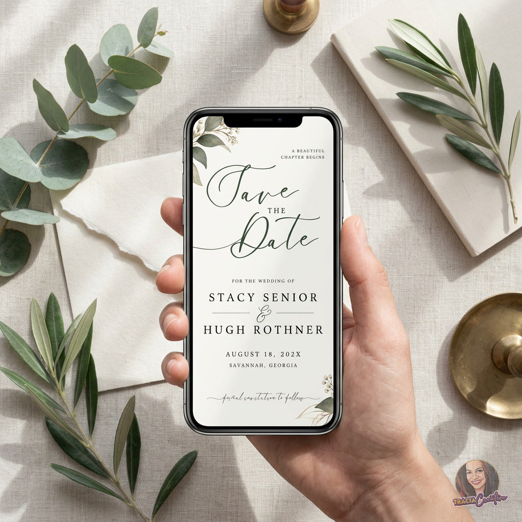 Greenery Save the Date Template, Eucalyptus Editable Canva Wedding Announcement, 5x7