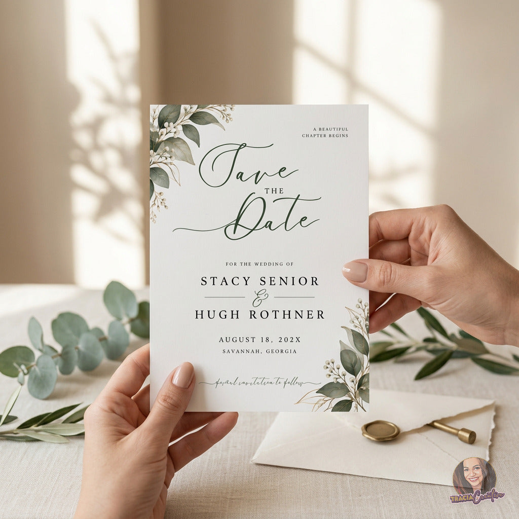 Greenery Save the Date Template, Eucalyptus Editable Canva Wedding Announcement, 5x7