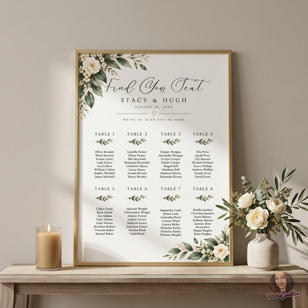 Greenery Wedding Seating Chart Template, Eucalyptus Editable Canva Seating Plan