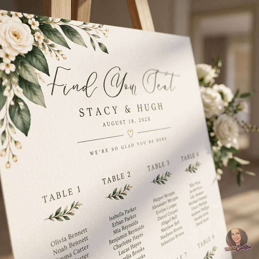 Greenery Wedding Seating Chart Template, Eucalyptus Editable Canva Seating Plan